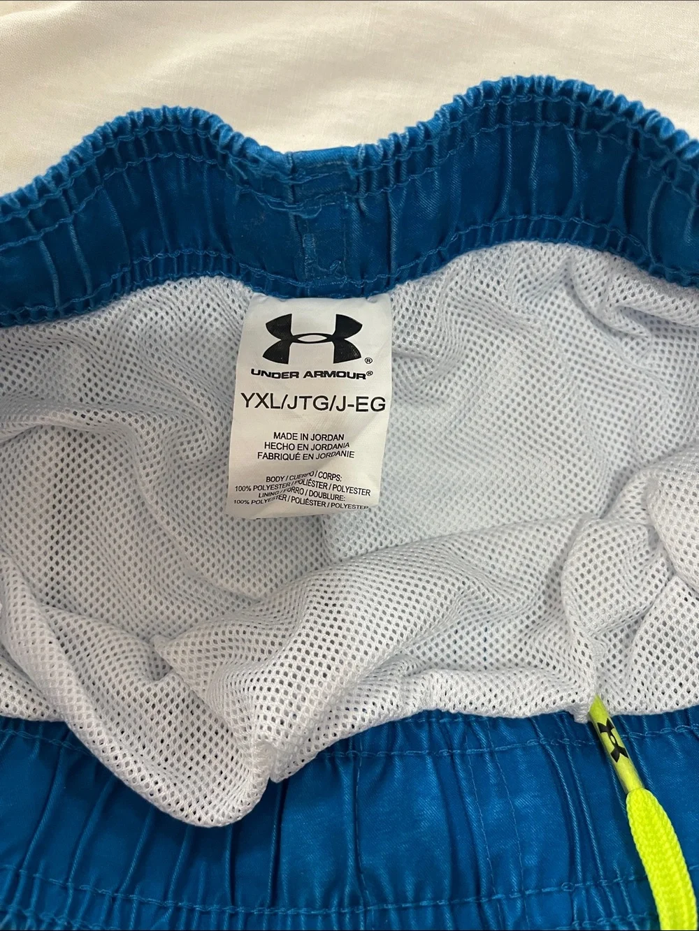 Under Armour Boy’s Blue to Green Ombre Athletic Shorts with Neon Drawstring
